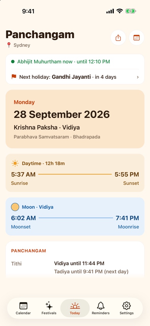 Today's Panchangam in the app
